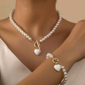 Elegant Gold and White Heart Pendant Pearl Necklace and Bracelet Set